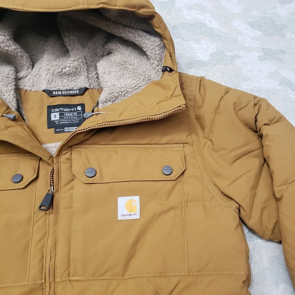 Carhartt Puffer Jacket Mens Small Green Tan Loose Fit Rain Defender‎ Zip Hooded